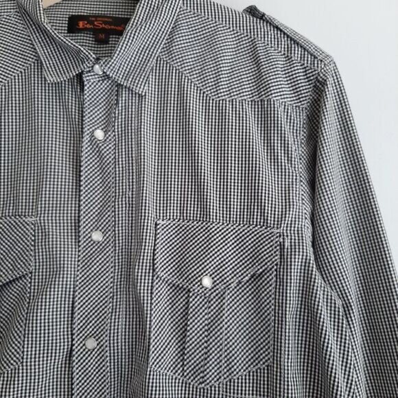 BEN SHERMAN 100% Cotton Pearl Snap Button Western Gingham Shirt B&W Men's Sz M - Picture 4 of 14